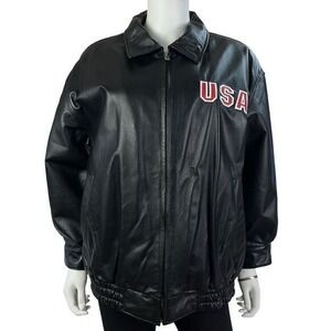 USA Flag Jacket Womens L‎ Black Genuine Leather Quilted Lined 3/4 Sleeves
